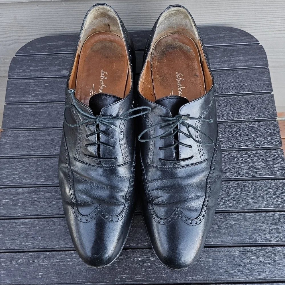 Salvatore Ferragamo Studio Italy Black Leather Wingtip Brogue Oxford Shoe 11.5 D